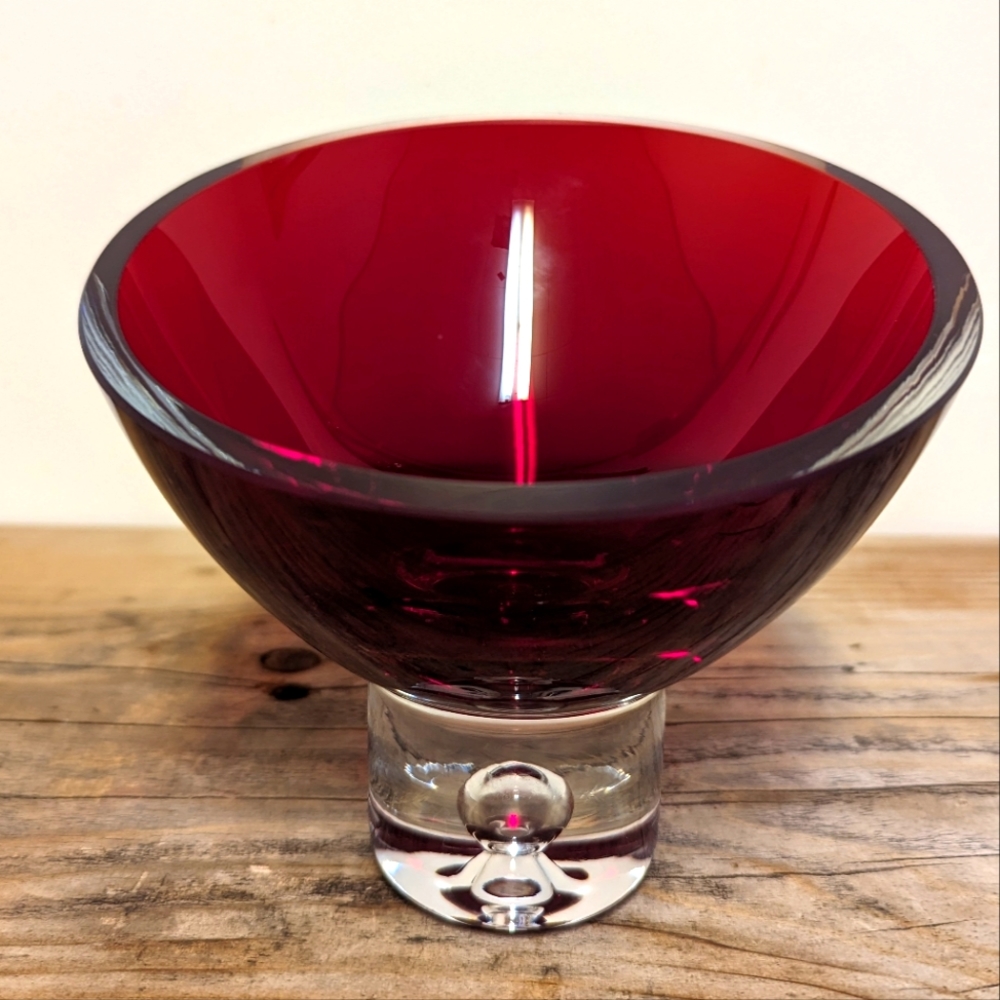 Vintage Bombay Red Ruby Hand blown Crystal Pedestal Dish, made in Poland